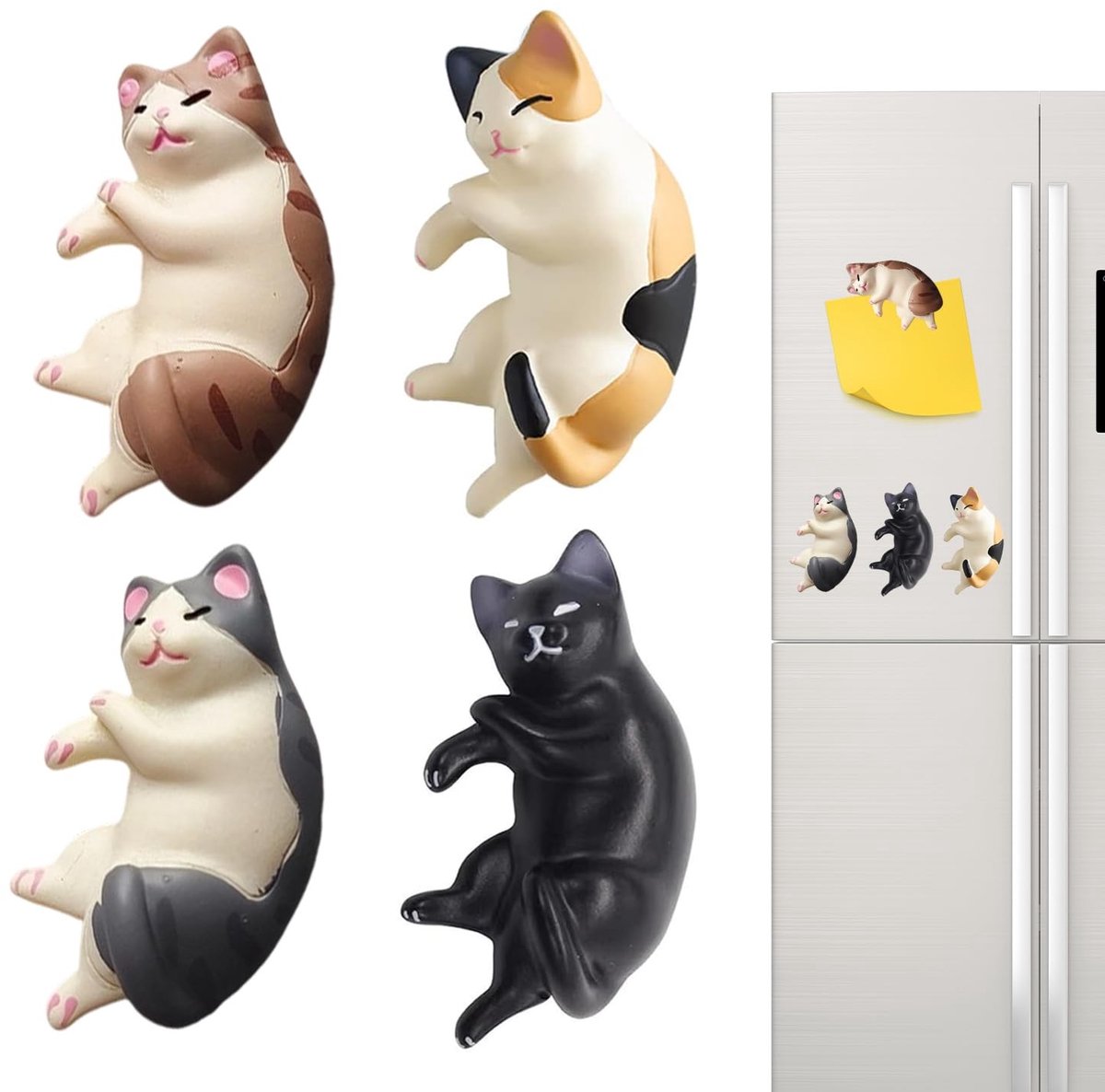 Dailygoods - Koelkastmagneten voor katten, 4 stuks, van hars, realistische ligkat, voor thuis, kantoor, school, cadeau-idee (zwart, grijs)
