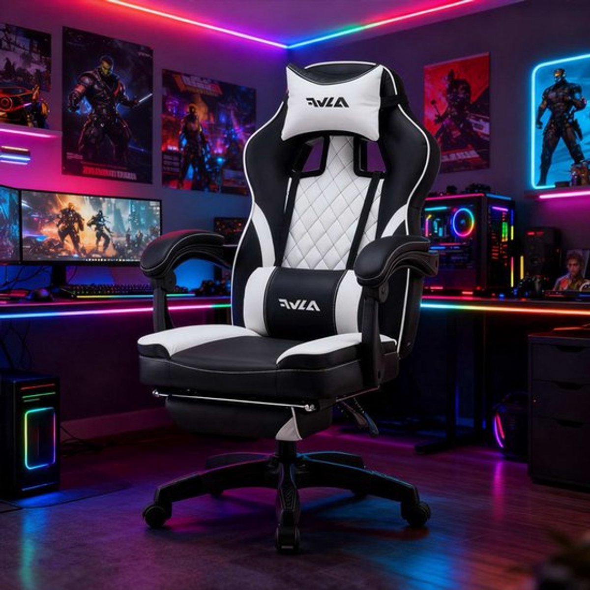 Gamingstoel – Gamestoel – Gaming Chair – Bureaustoel – Game Stoel – Ergonomisch Design – Verstelbare Hoogte & 360° Draaibaar – Met Lenden- en Hoofdsteun – Zwart-Wit