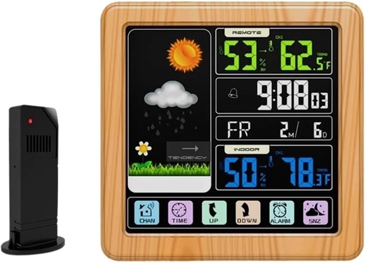Draadloos Weerstation - Buiten Binnen - Weer Monitoren - LCD Touchscreen - Houten Behuizing - Zwart