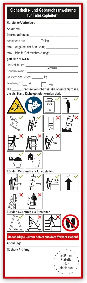Veiligheidssticker Ladder - Gebruiksaanwijzing Sticker - Veilig Werken - Waterbestendig Gelamineerd - 65 x 225 mm - Meerkleurig