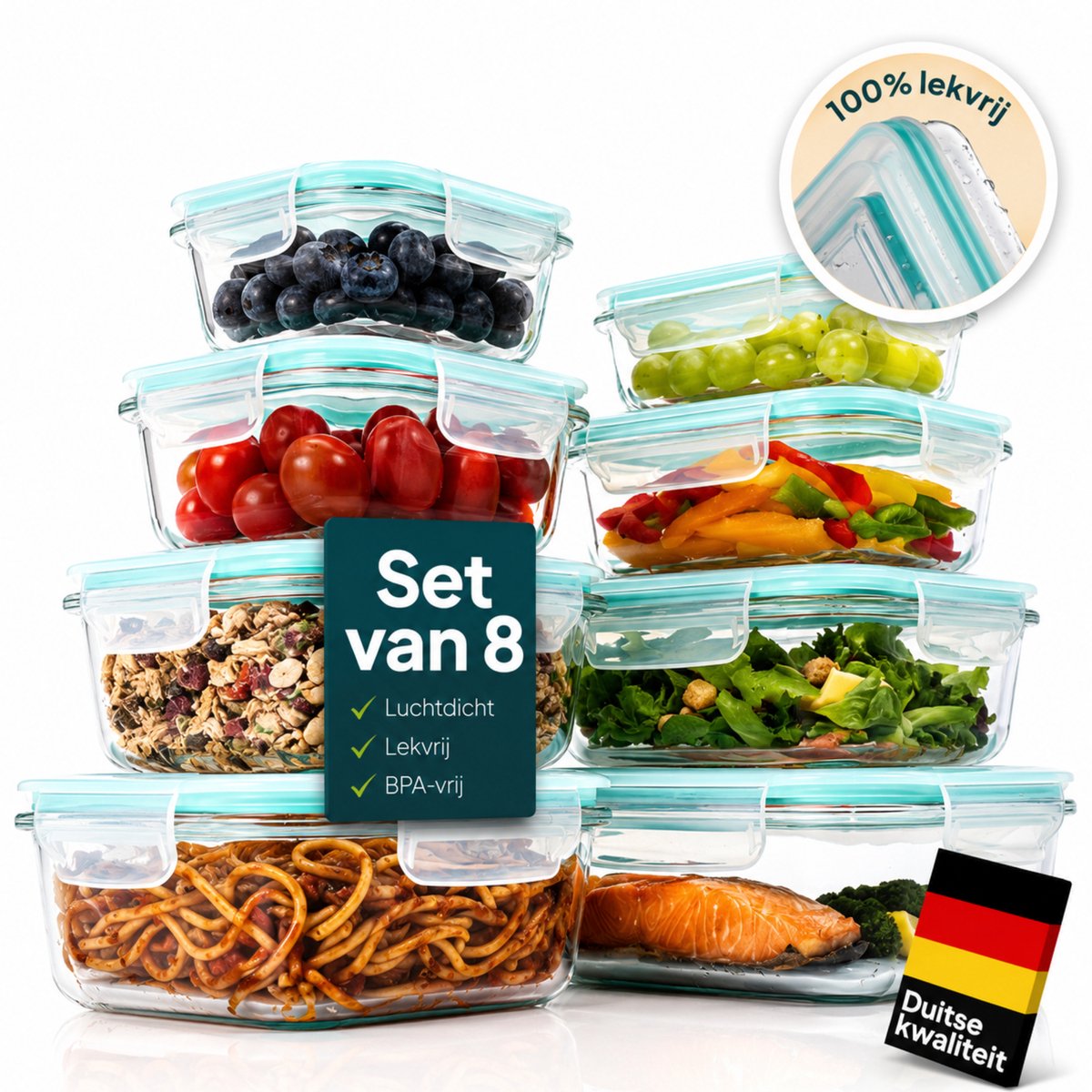 Uandu Glazen Vershoudbakjes – Meal Prep Bakjes – Luchtdicht & BPA-vrij – Magnetron Bakjes met Deksel - Diepvriesbakjes – 4 Liter – 8 Stuks – Glas