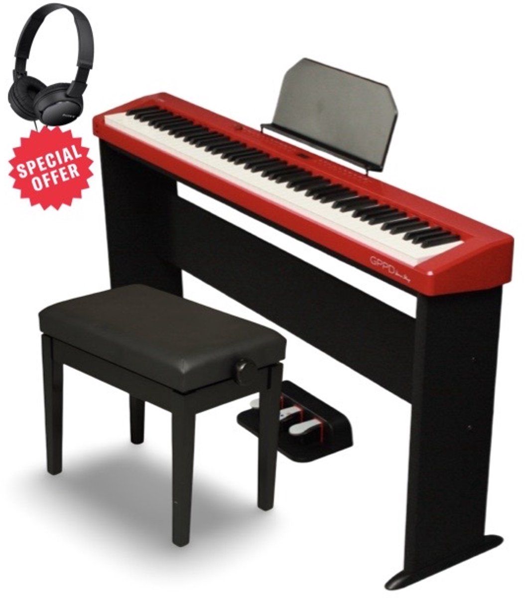 Digitale piano package GPPD Home Stage C8 –Rood met hoofdtelefoon en verstelbare bank