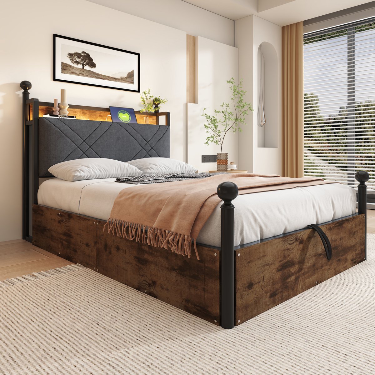 MEUNIQ hemelbed 90x190 cm eenpersoons bedframe met hydraulische opbergruimte, afneembaar hemelbedframe, LED-verlichting, USB en Type-C, zwart metaal