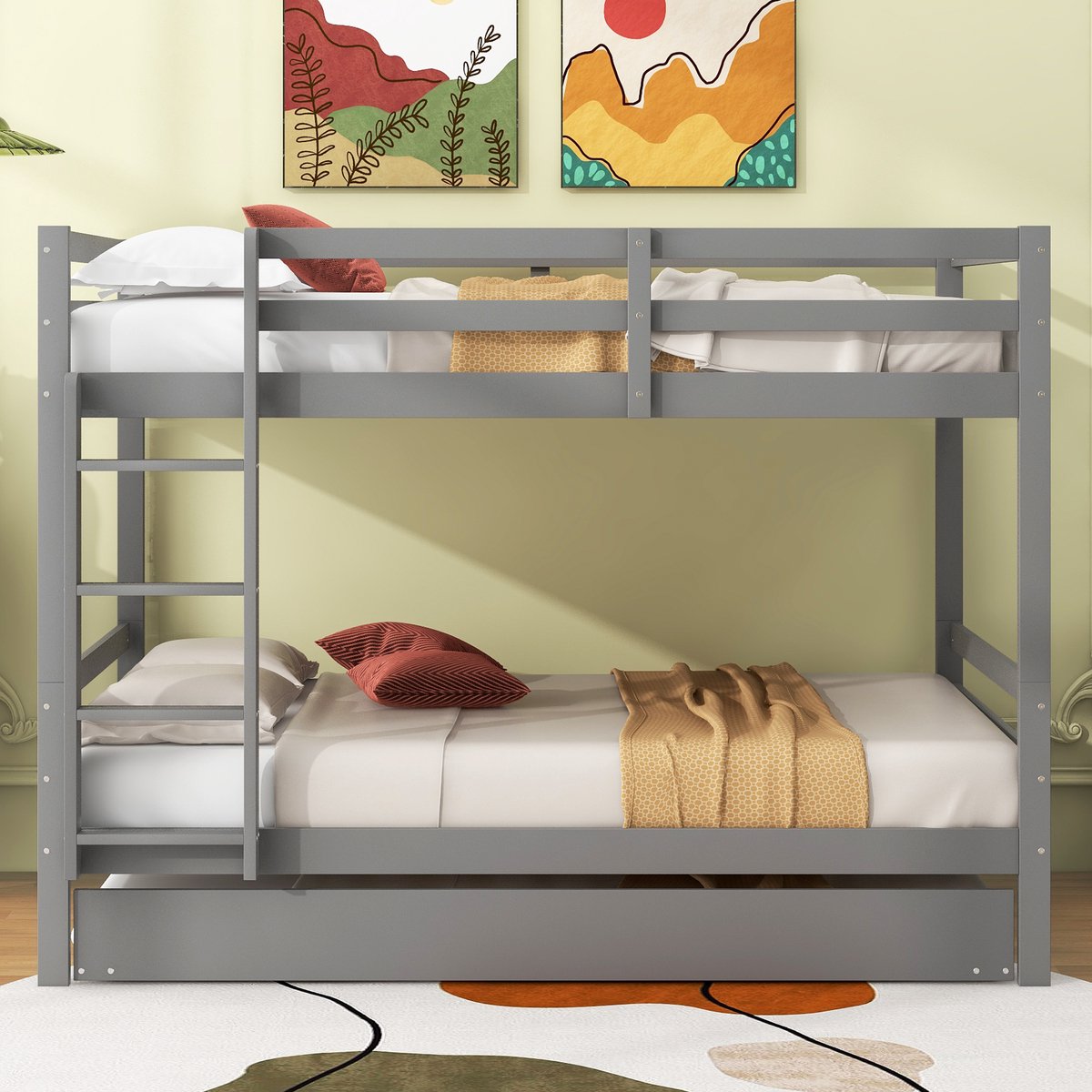 MEUNIQ stapelbed 140x200 cm met uitschuifbed, trap en hoge veiligheidshekken, grenenhout en MDF, kinderbed voor kinderkamer, grijs
