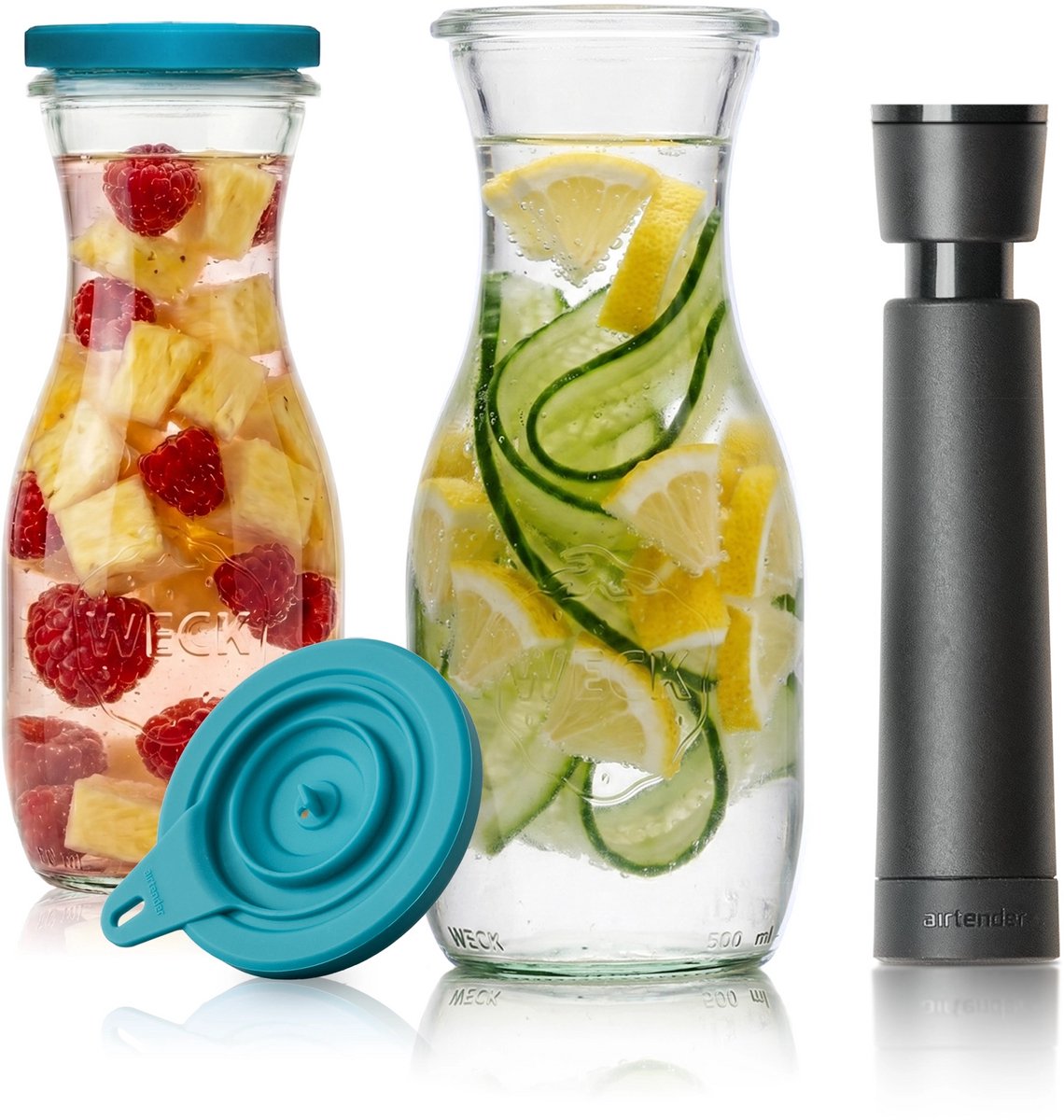 Airtender Waterkaraf 500ml (2st.)| Instant Water Infuser | 2Pack | 2x Waterkaraf van glas (500ml) | 2x Vacuümdeksel + GRATIS -pomp | Infuseer water fruit & kruiden | Plasticvrij | Zonder vacuüm te gebruiken | Vacumeer om vitamines langer te bewaren