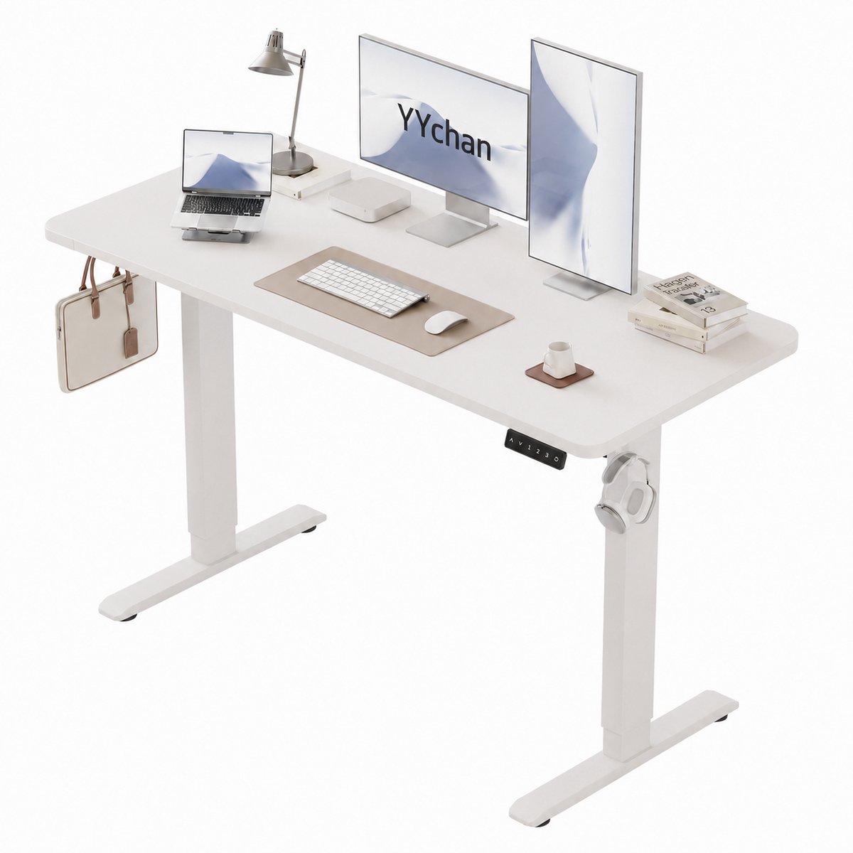YYchan Zit Sta Bureau Elektrisch 140x60 - Gaming Bureau - Elektrisch verstelbaar - Naadloos tafelblad - Geheugenbediening, Stabiel T-Frame, met Kabeldoorvoer & Koptelefoonhaak - Hoogteverstelbaar 72–118 cm - Sneeuwwit