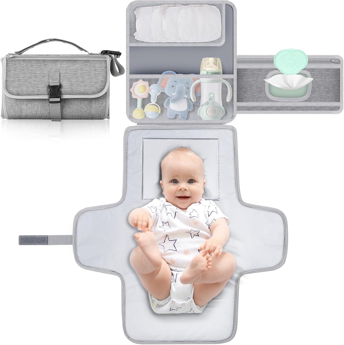Draagbare aankleedmat - Baby verschoningsmat - Onderweg verschonen - Inklapbaar en waterdicht - 53.5 cm lang - Grijs