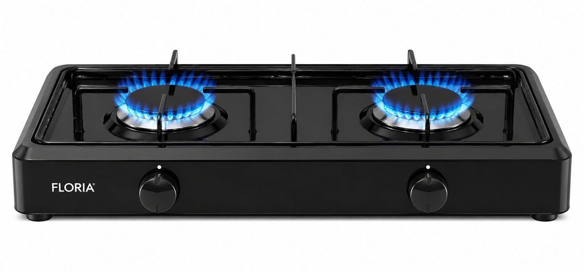 Floria 2-Pits Gaskooktoestel – Tafelgasfornuis voor LPG – Draagbaar Camping Kooktoestel met Regelbare Vlam – Ideaal voor Kamperen en Noodsituaties