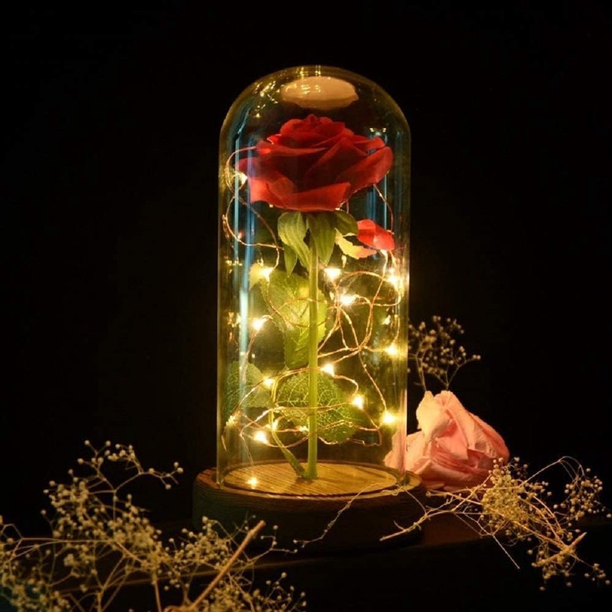 Bewerkte Roos - Eeuwige Bloem - Romantische Decoratie - Met LED Verlichting - 22 cm Hoog - Rood