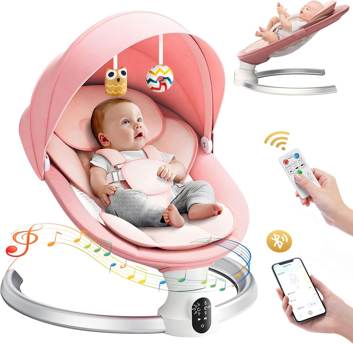 Elektrische Baby Schommel - Baby wieg - Baby Vermaken - App en Afstandsbediening - Tot 9 kg - Roze