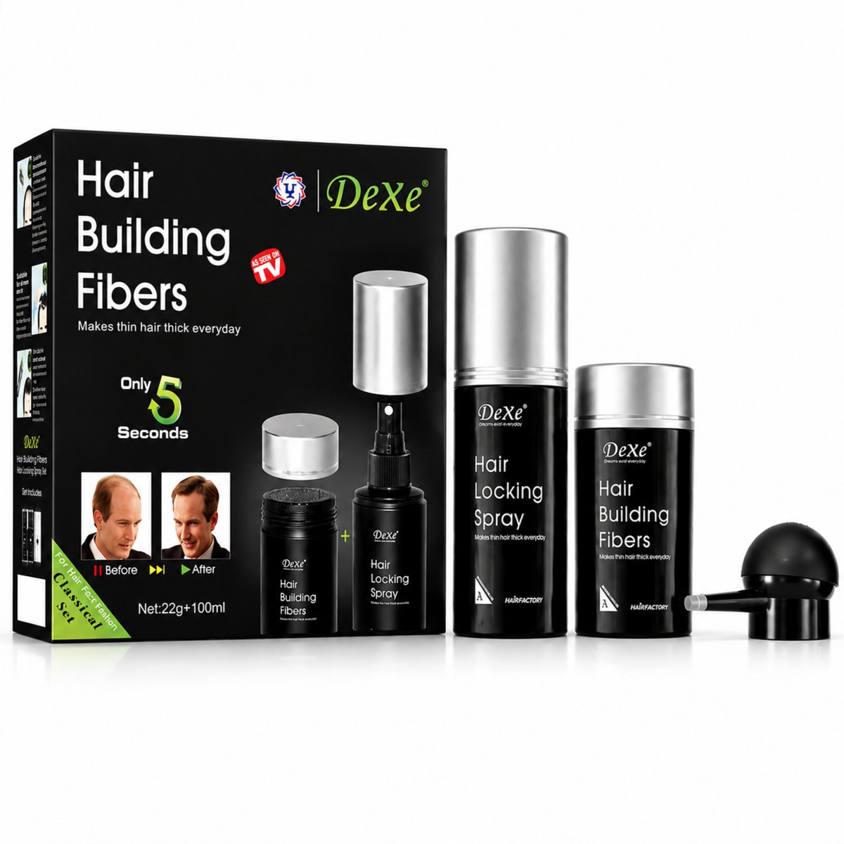 Haarverdikkings Starterset - 22g Hair Building Fibers - 100ml Hair Building Spray - Zwart - Met Sprayapplicator - Verbergt Haaruitval en Dunner Wordend Haar - Direct Voller Haar