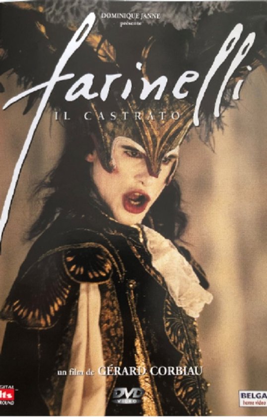 Filmaffiche voor Farinelli il Castrato, met een man in een uitgebreid barok kostuum en masker met veren.