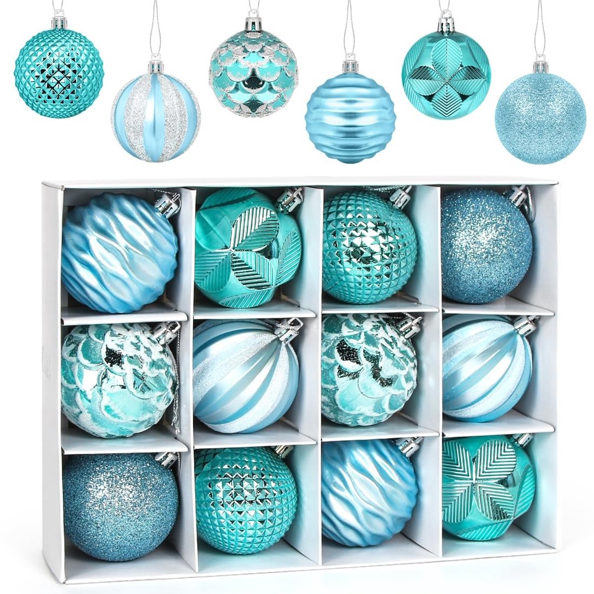 Dailygoods- Kerstballen 60 mm - Onbreekbare Ornamenten - 12 Stuks - Duurzaam Plastic - Glitterkralen/Sterren - Afneembare Haak - Kerstornamenten