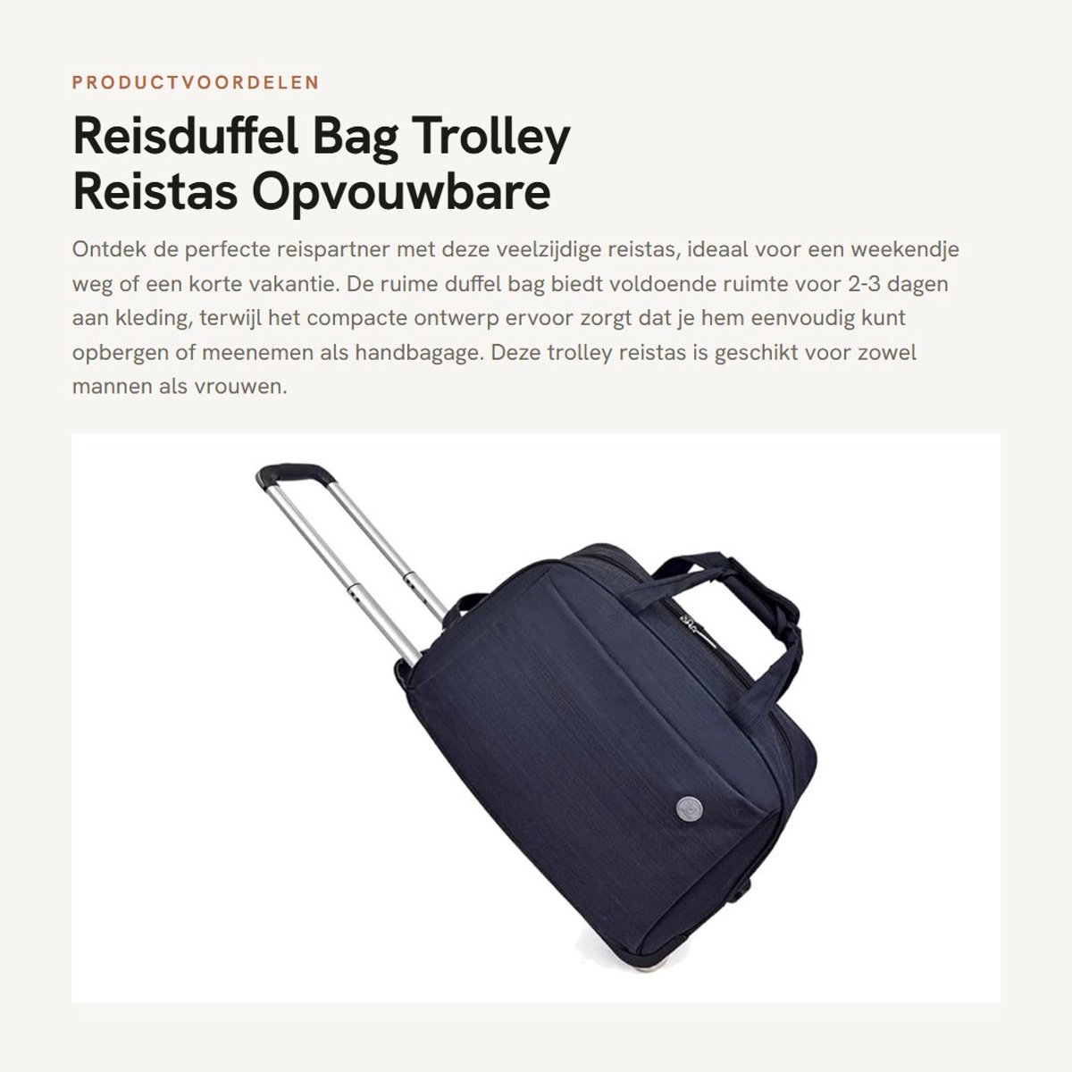 Dailygoods- Reisduffel met wielen - Opvouwbare Reistas - Handbagage 50x26x32 cm - Ruime capaciteit - Lichtgewicht - Oxford Stof