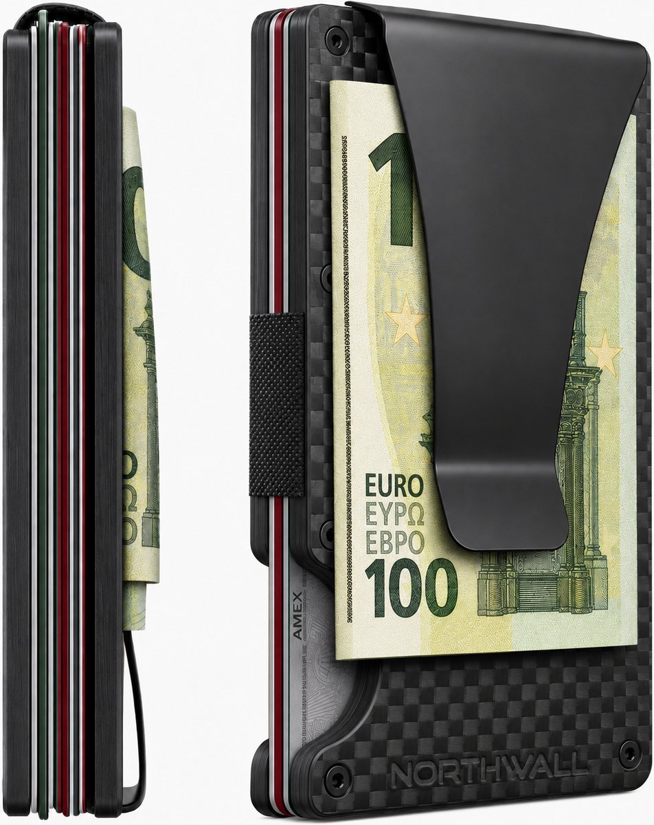 Northwall Carbon Pasjeshouder - Kaarthouder Pasjes met RFID Bescherming - Creditcardhouder met Geldclip - Ruimte voor 12 Pasjes & 10 Biljetten