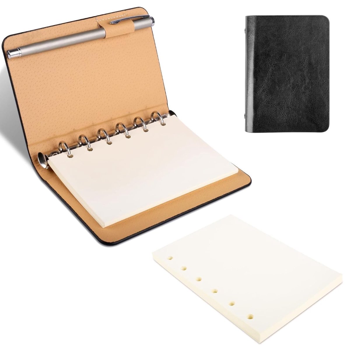Dailygoods - A7-ringband, navulbaar, A7-formaat, 56 vellen navulpapier, hardcover kunstlederen omslag, glad beige papier, mini-notitieboek, klein notitieboek voor schoolnotities en reisdagboeken
