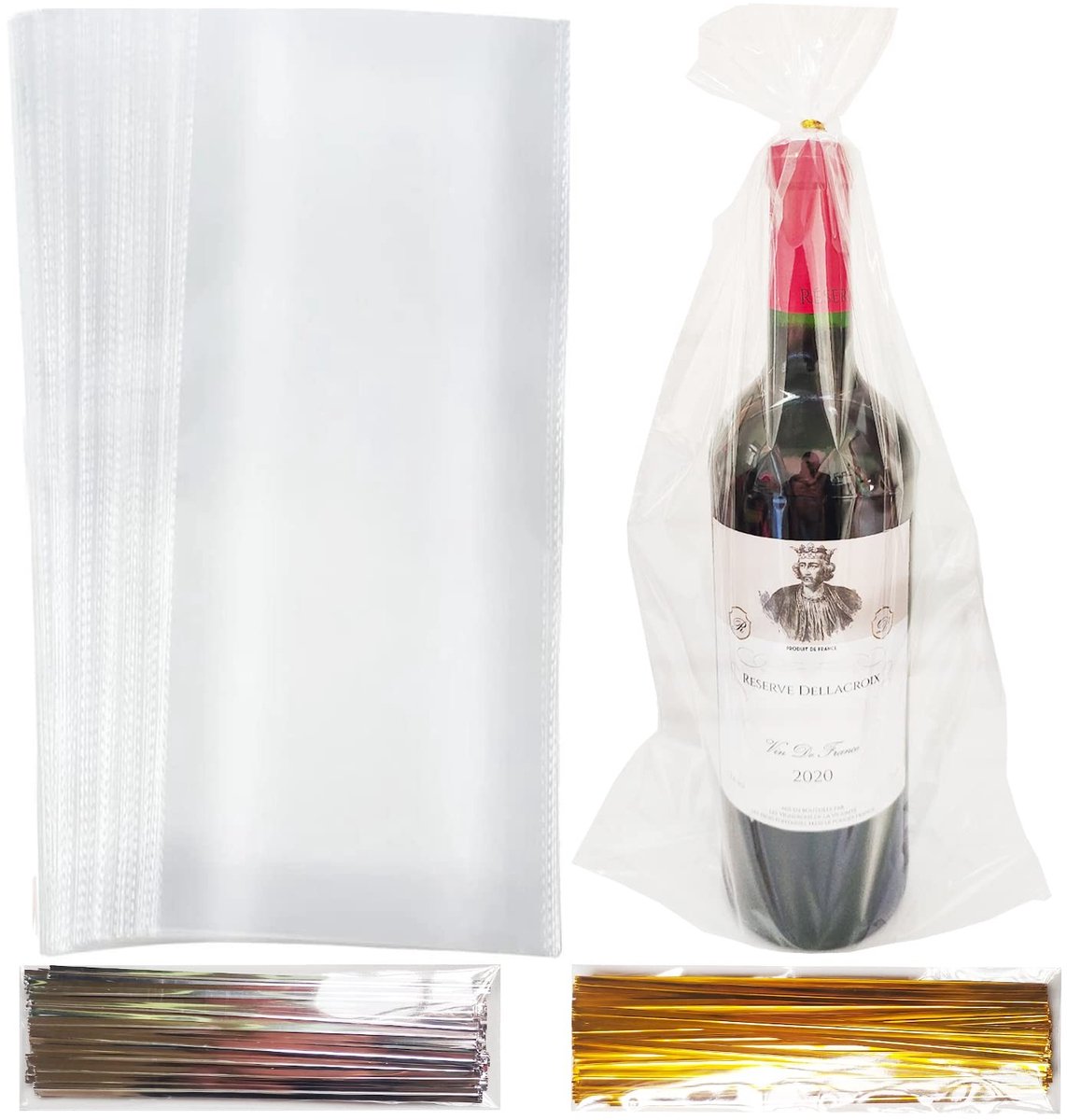 Dailygoods- Wijnfleszakken 100 stuks - Doorzichtige PVC - Geschenktassen - Cadeautassen - Goud/Zilver Twist - 20,3 x 40,6 cm - Breukbestendig ontwerp - Geschenkzakken