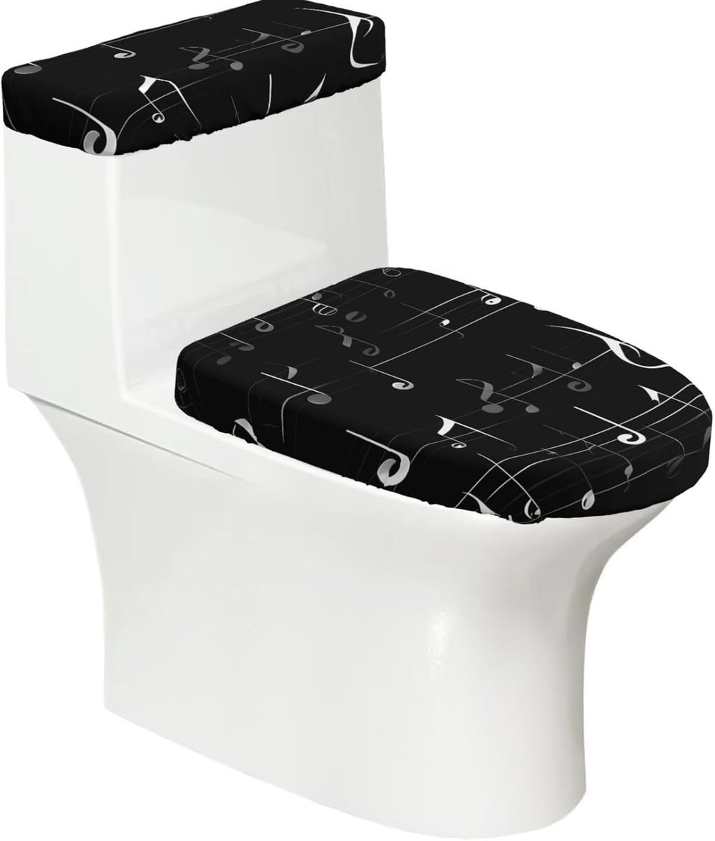 Toiletdekselhoes Set - WC Reservoirhoes - Badkamer Decoratie - Rekbaar Polyestermateriaal - 2 Stuks - Zwart Muzieknoten