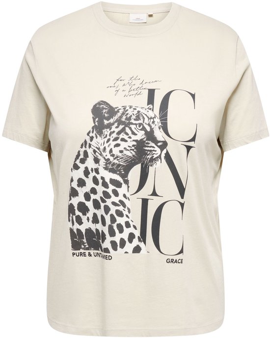 Lichtgele t-shirt met aan de voorkant een luipaardprint en de tekst 'ICONIC GRACE'.