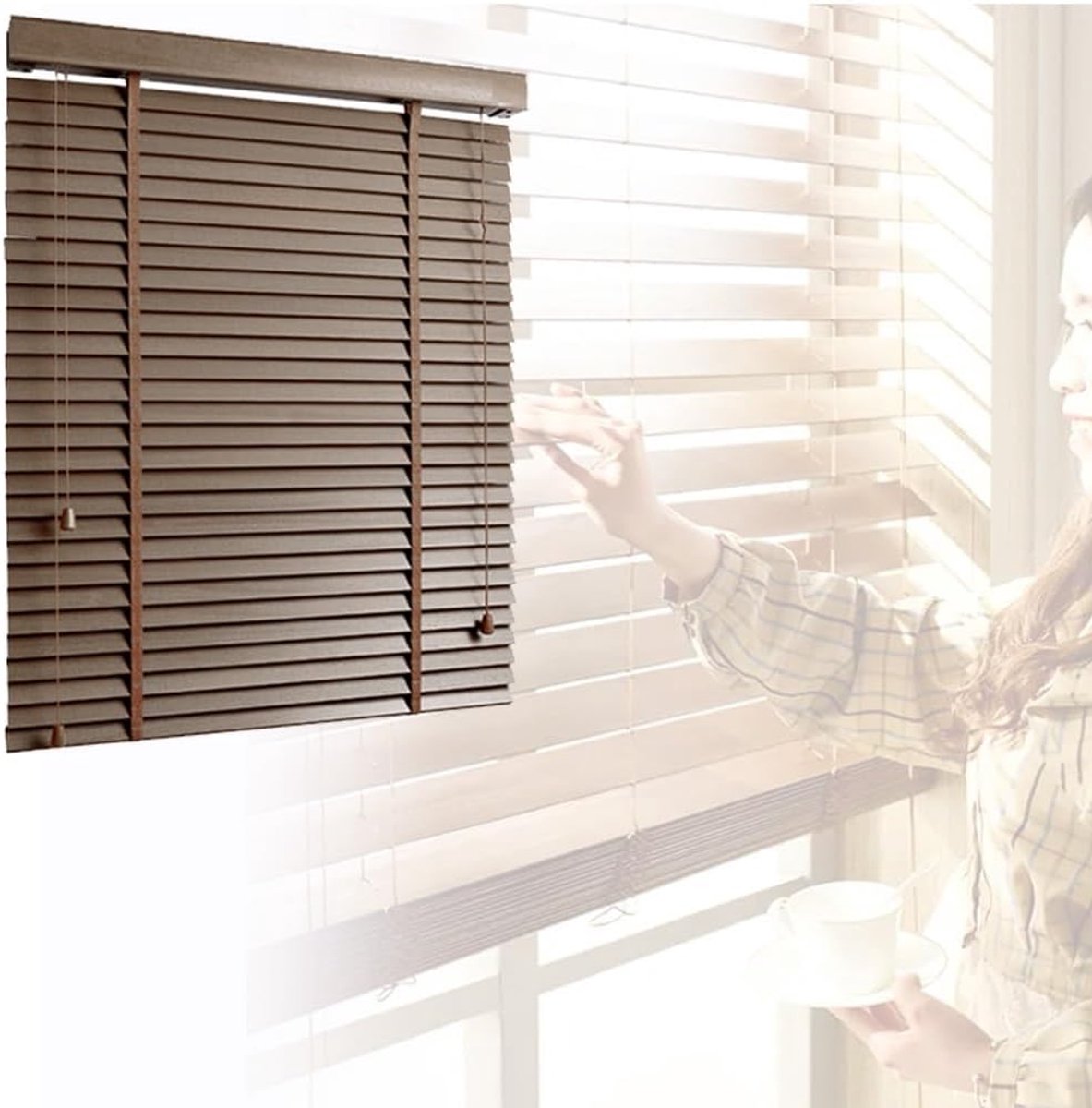 Houten Jaloezieën - Raambekleding - Lichtregulatie - Massief Hout - 160x130cm - Bruin