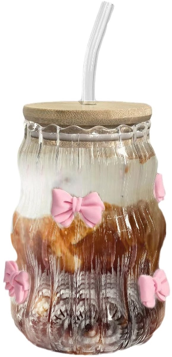 Dailygoods- Drinkglas 450 ml - Drinkglas met deksel - Drinkglas met rietje - Hoog borosilicaatglas - Duurzaam en veilig - Temperatuurbestendig van -20 °C tot 150 °C - Beker