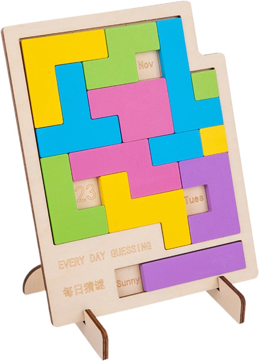 Houten Puzzel Kalender - Dagelijks Puzzelspel - Cognitieve Training - Elegant Houten Design - 19 x 15 cm - Natuurlijk Hout