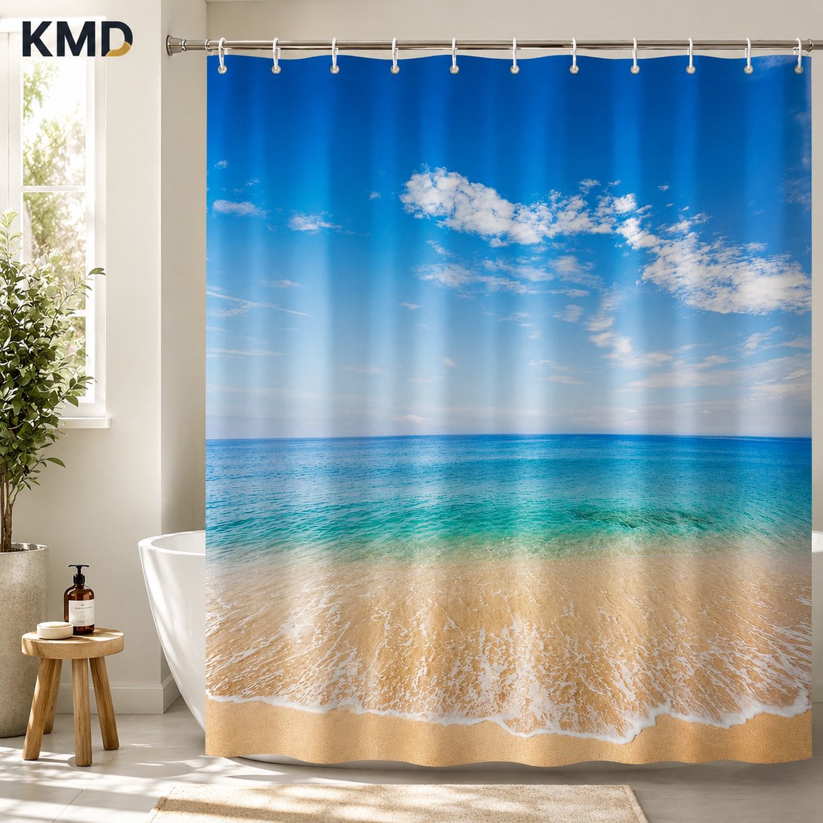 KMD Douchegordijn 180x200 cm - Schimmelbestendig Polyester - Oceaanblauw met Strand Motief - Inclusief Haken