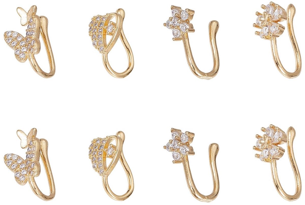 BRENZOOS- Neusringen 4-delige set U-vormig - Ongeboorde Clip - Gouden Neusring - Zirkonia-Kristallen - Voor Vrouwen/Mannen - Maten 11,8/12,4/13/14,4 mm - Neusmanchetten