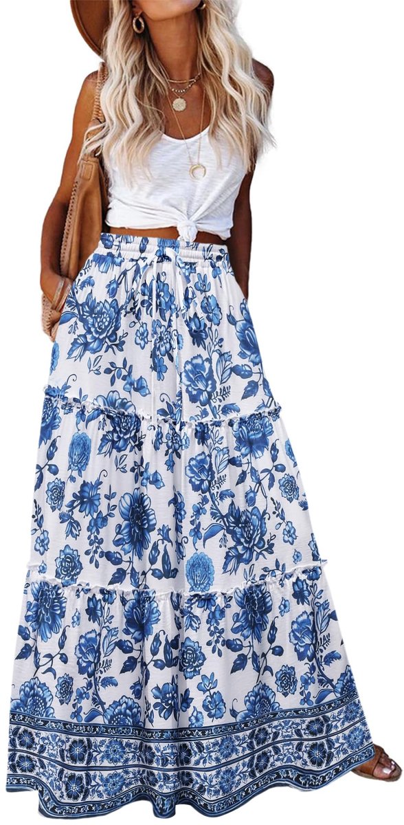 Dailygoods- Maxi Rok Hoge Taille - Elegante Zomerrok - Gelaagd - Trekkoord - Bloemenrok - Casual Vrijetijdsrok - Comfortabele Pasvorm