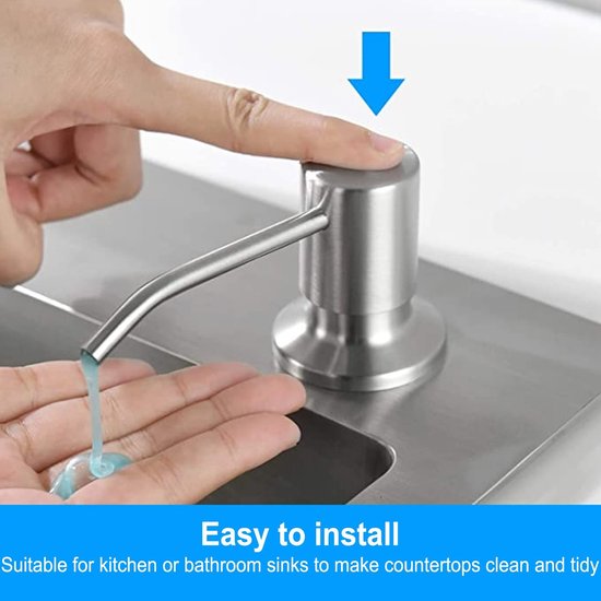 Roestvrijstalen zeepdispenser gedemonstreerd terwijl hij zeep doseert in een hand, met de tekst 'Easy to install'.