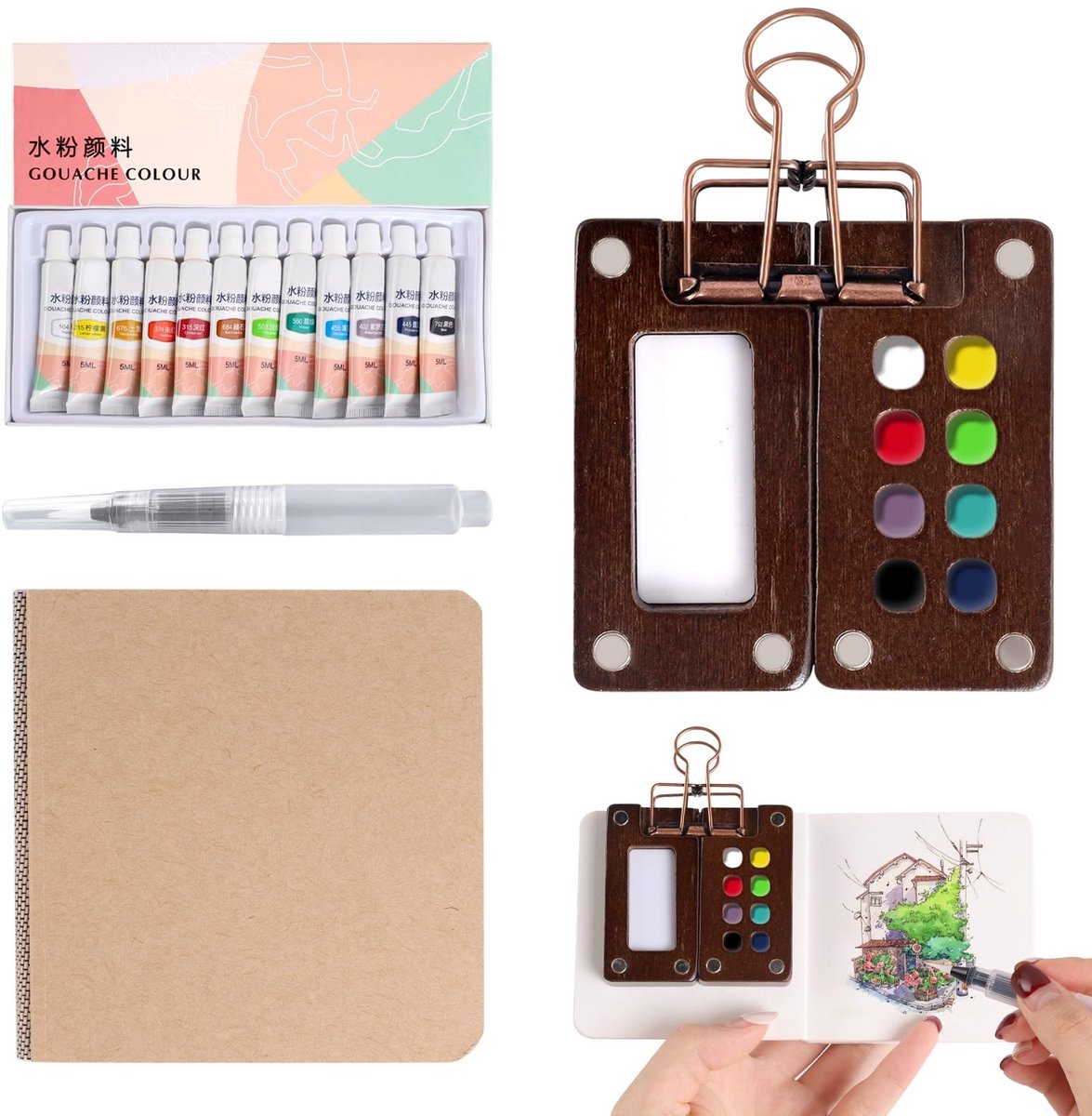 Dailygoods- Aquarelpalet Draagbaar - Mini Aquarelset - Schetsboek - Metalen Clip - 12 Kleuren - Perfect voor Schilders en Studenten - Waterverfset