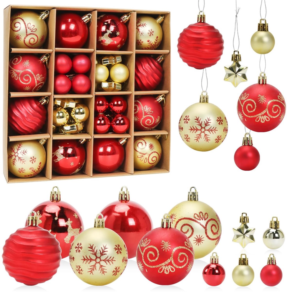 Dailygoods- Kerstballen Set 44 Stuks - Kunststof - Rood/Goud - Kerstdecoratie - Sterhangers - Diverse Maten en Stijlen - Kerstversiering