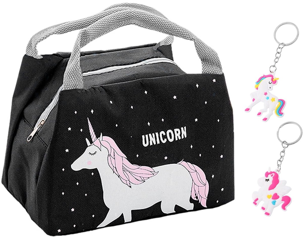 Dailygoods- Lunchtas Eenhoorn - Schoollunchtas - Picknicktas - Koeltas - Zwart - Duurzaam Polyester - Inclusief Hanger