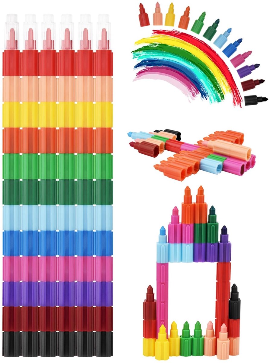 6 stuks stapelbare kleurpotloden voor kinderen - 12 kleuren bouwstenen potloden - regenboogpen - speelgoed en cadeau voor kinderverjaardag