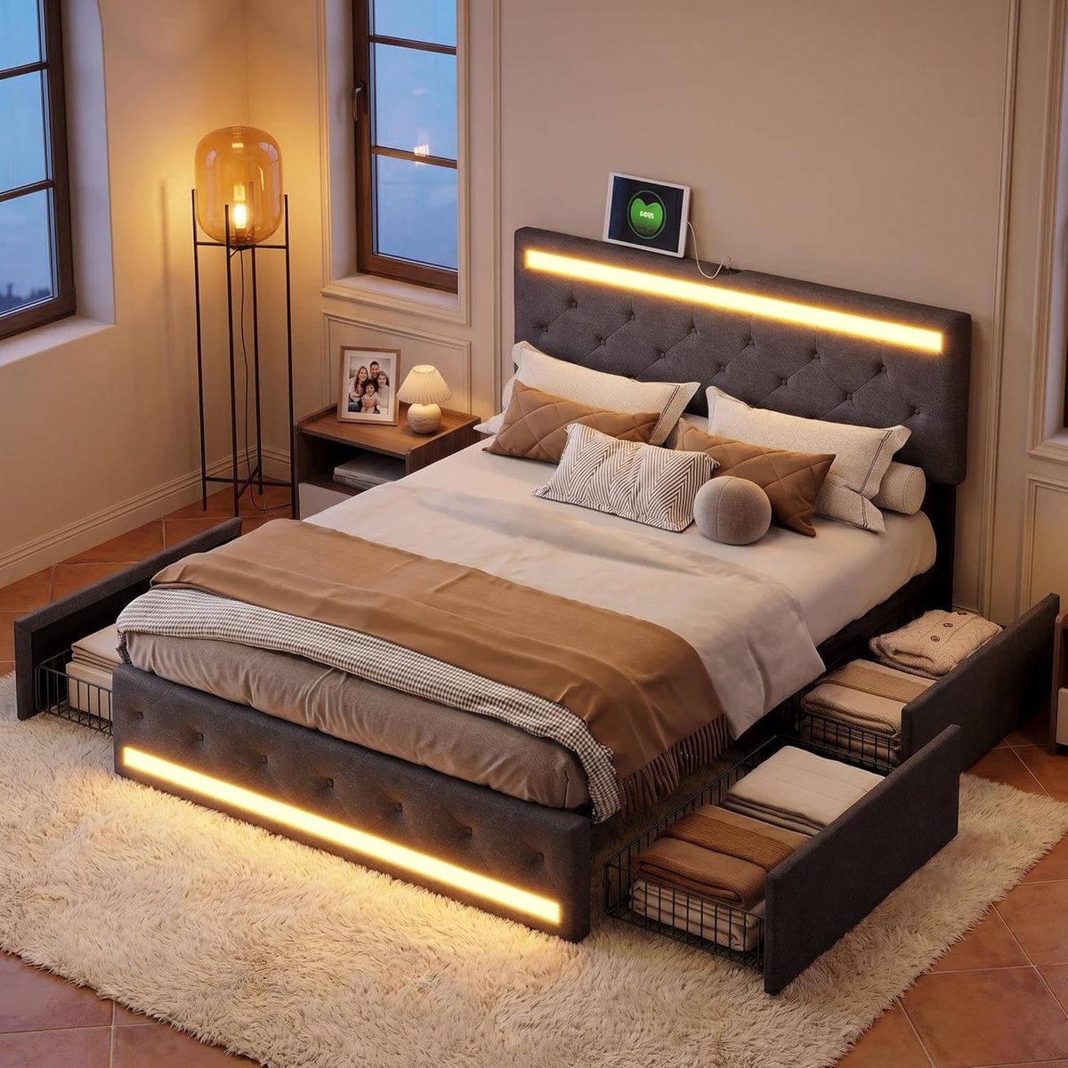 Gestoffeerd Bed - Luxe Slaapmeubel - Opbergen en Ontspannen - Geïntegreerde USB-poorten - 160x200 cm - Donkergrijs