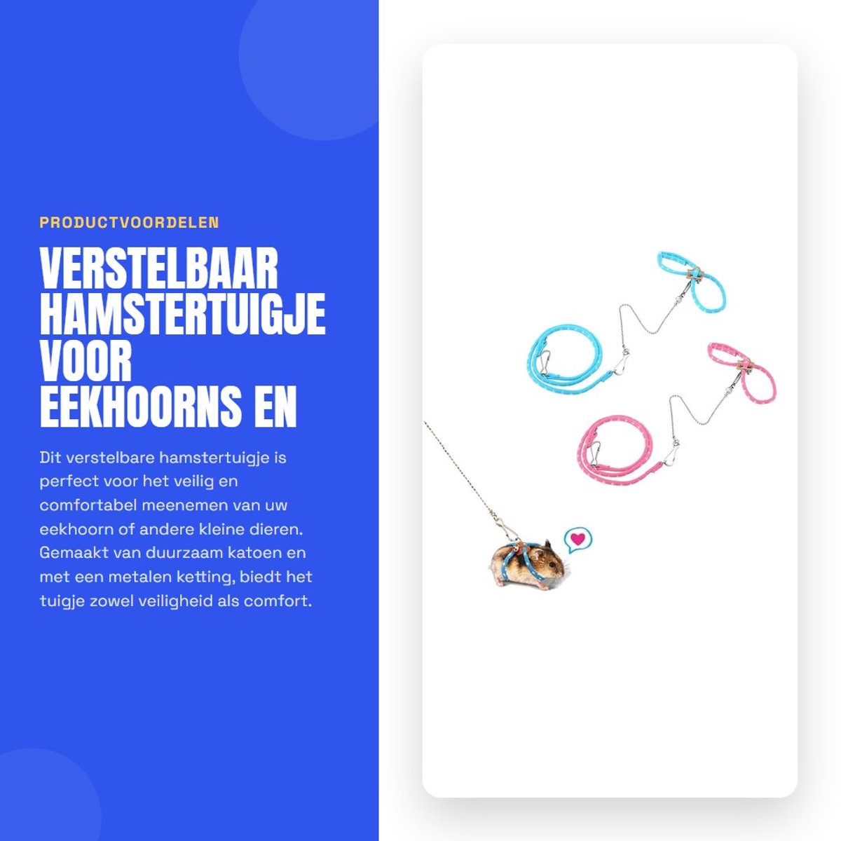 Dailygoods- Hamstertuigje Verstelbaar - Lichtgewicht Katoenen Touw - Metalen Ketting - Voor Dwerghamster/Suikereekhoorn - Lengte 80 cm - Dierenharnas