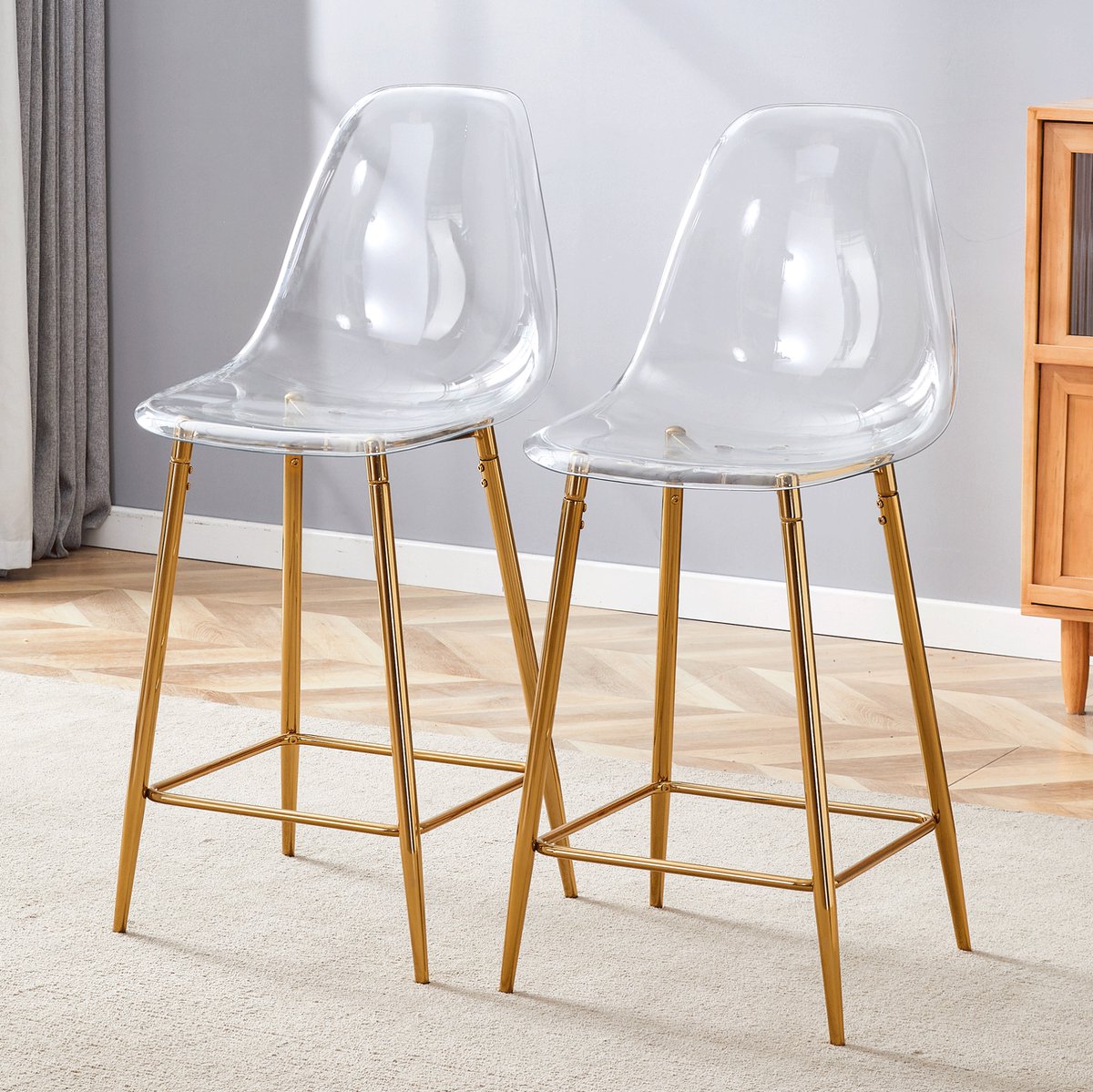 HAUSS SPOLE Barkruk - Transparant Design - Set Van 2 - Met Rugleuning En Voetsteun - Voor Keukeneiland, Bar En Eetkamer - Kunststof Goud