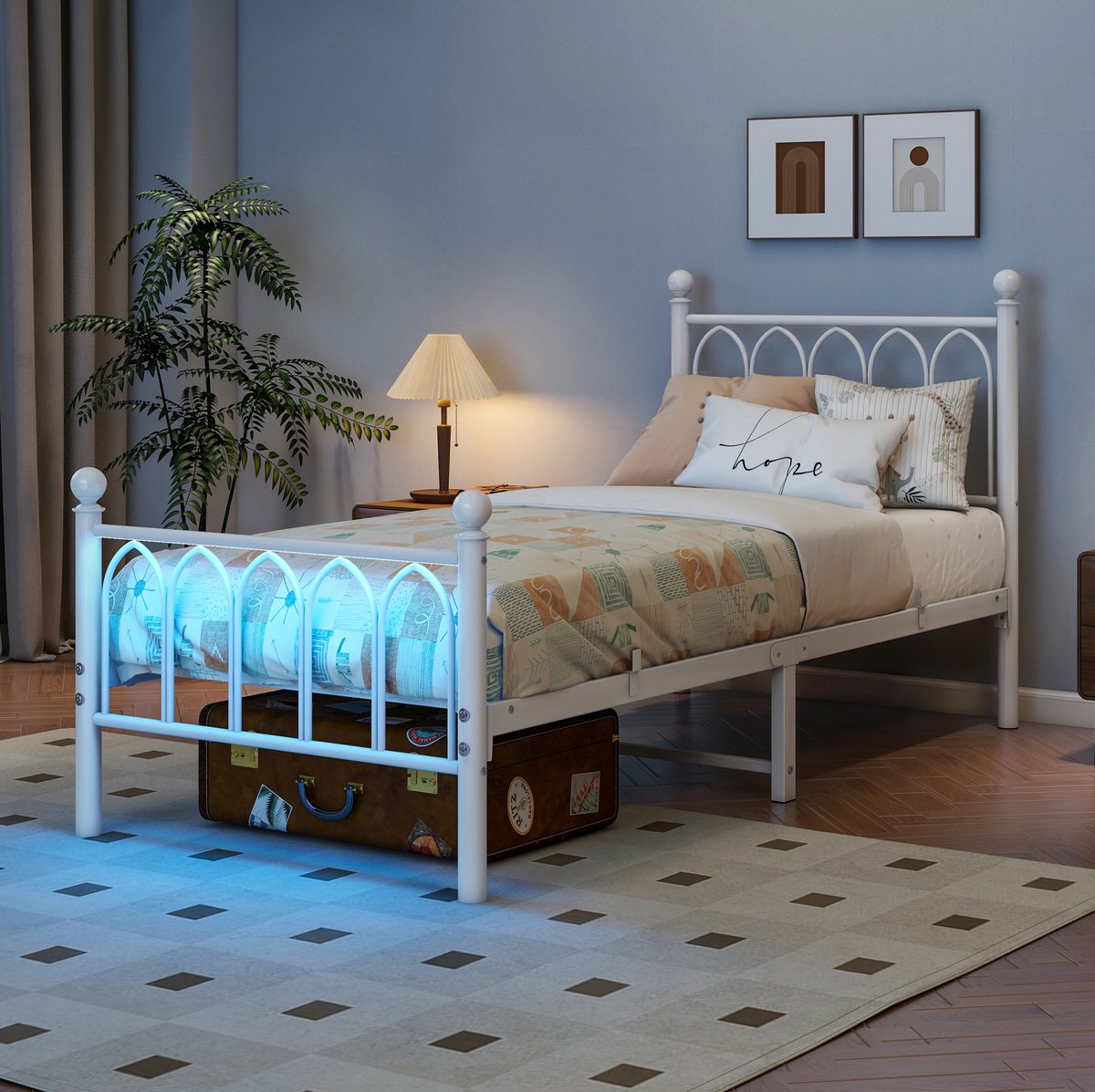 MEUNIQ metalen bedframe 90x200 cm met vintage hoofd- en voeteneind, LED-verlichting, USB-oplaadstation, stalen lattenbodem en onderbed-opbergruimte, wit