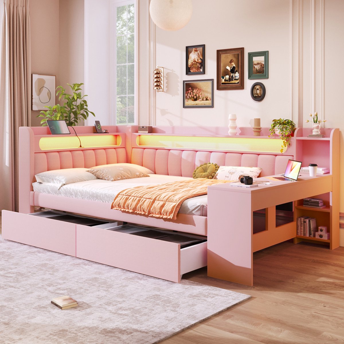 MEUNIQ bedbank 140x200 cm met bureau, 2 lades, USB en LED, gestoffeerd bedframe met lattenbodem, roze daybed voor slaapkamer