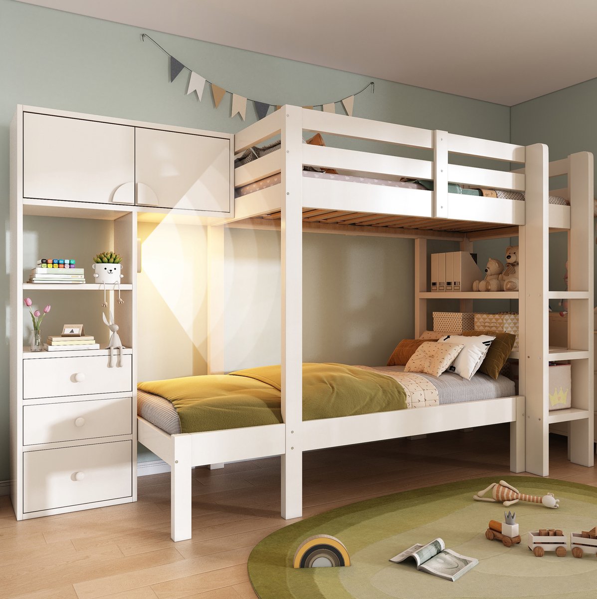 MEUNIQ Stapelbed 90x200 cm met kast, 3 lades, open vakken en sensor nachtlicht, wit kinderbed met opbergruimte voor de kinderkamer