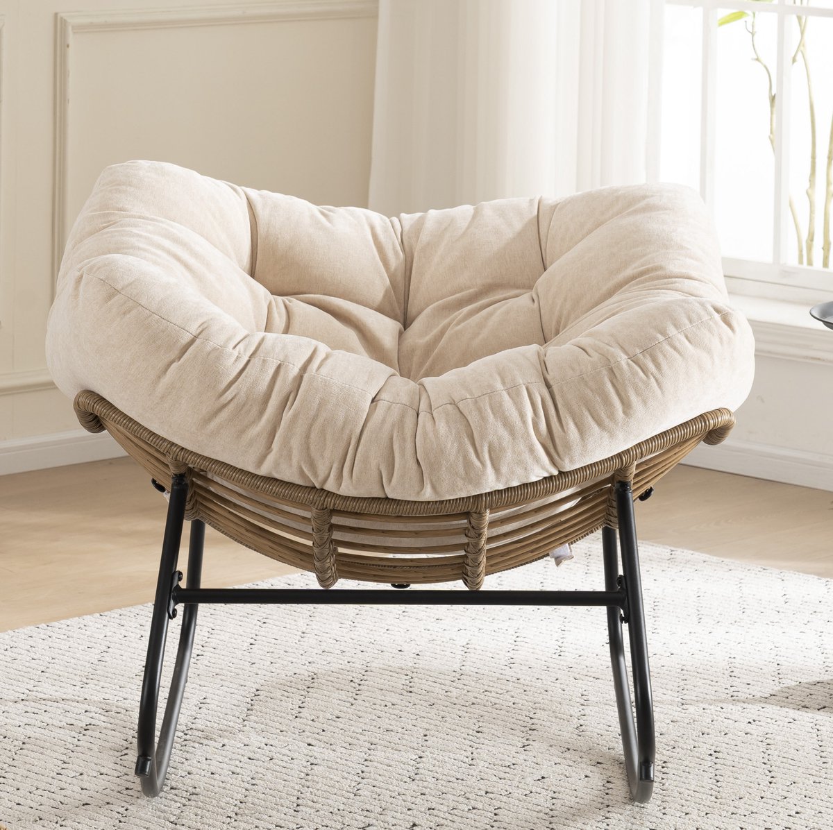 Schommelstoel - Chenille Fauteuil Met Gewatteerde Zitting - Voor Woonkamer, Slaapkamer En Kinderkamer - Metaal En Stof - Beige