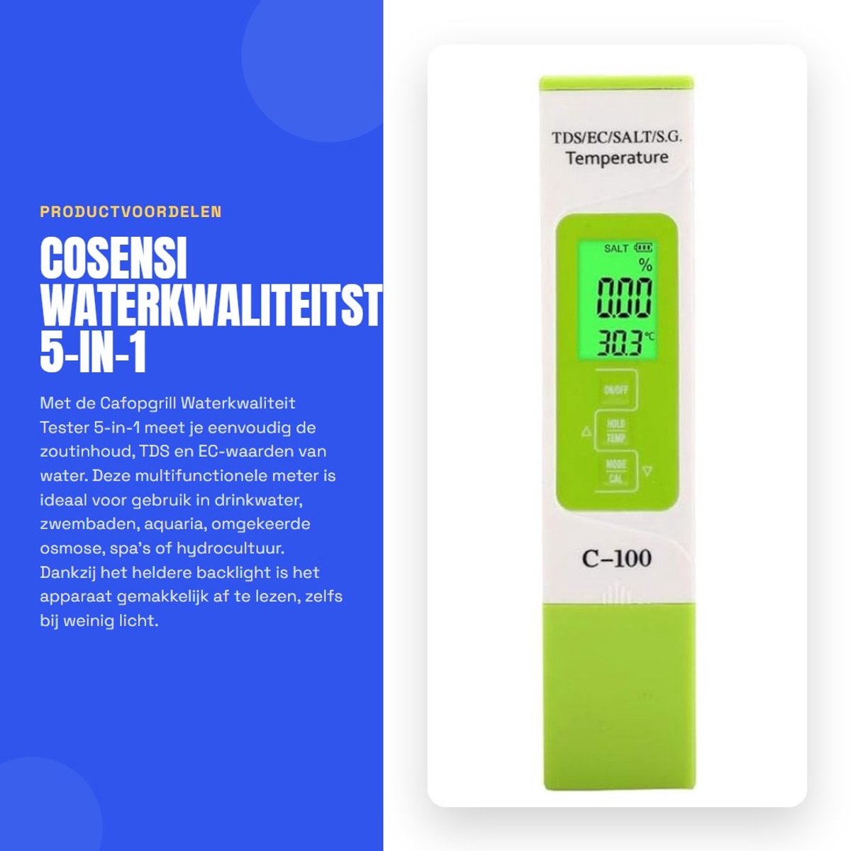 Dailygoods - Waterkwaliteitstester - 5-in-1 - Multifunctioneel - Compact formaat - Zoutgehalte - Ideaal voor aquaria - Geschikt voor zeewater