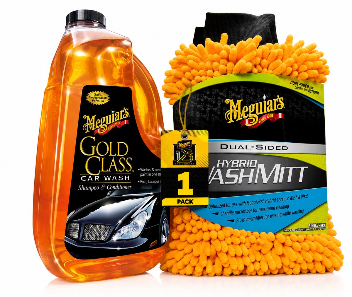 Meguiar's Gold Class Car Wash Shampoo 1,89L + Dual-Sided Hybrid Wash Mitt – Complete Auto Was Set – pH-Neutrale Autoshampoo & Microvezel Washandschoen