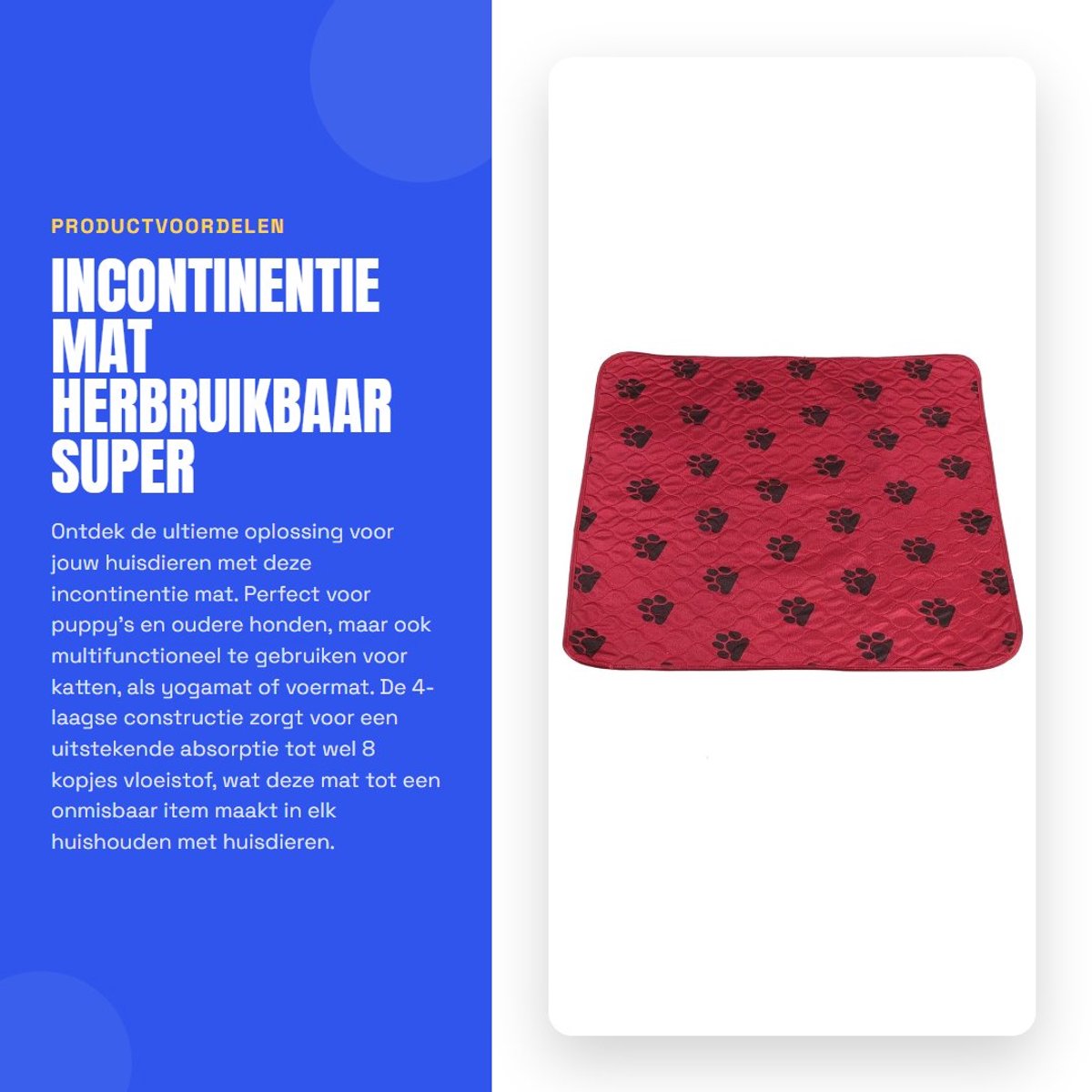 Dailygoods- Incontinentiemat 4-Laags - Absorberend - Waterdicht - Wasbaar tot 60°C - Herbruikbaar - Vochtblokkering voor vloeren - Hondenmat