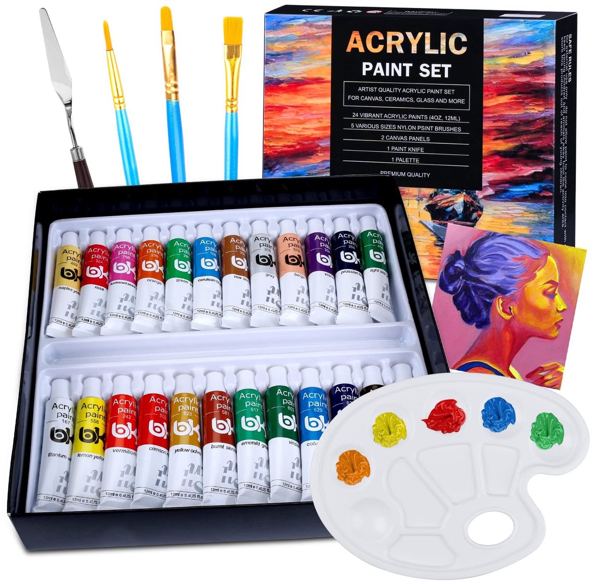 Dailygoods- Acrylverfset 33 stuks - 24 kleuren acrylverf - 5 Penselen - 1 Mengpalet - 2 Canvas - Niet-giftig voor beginners - Verfset