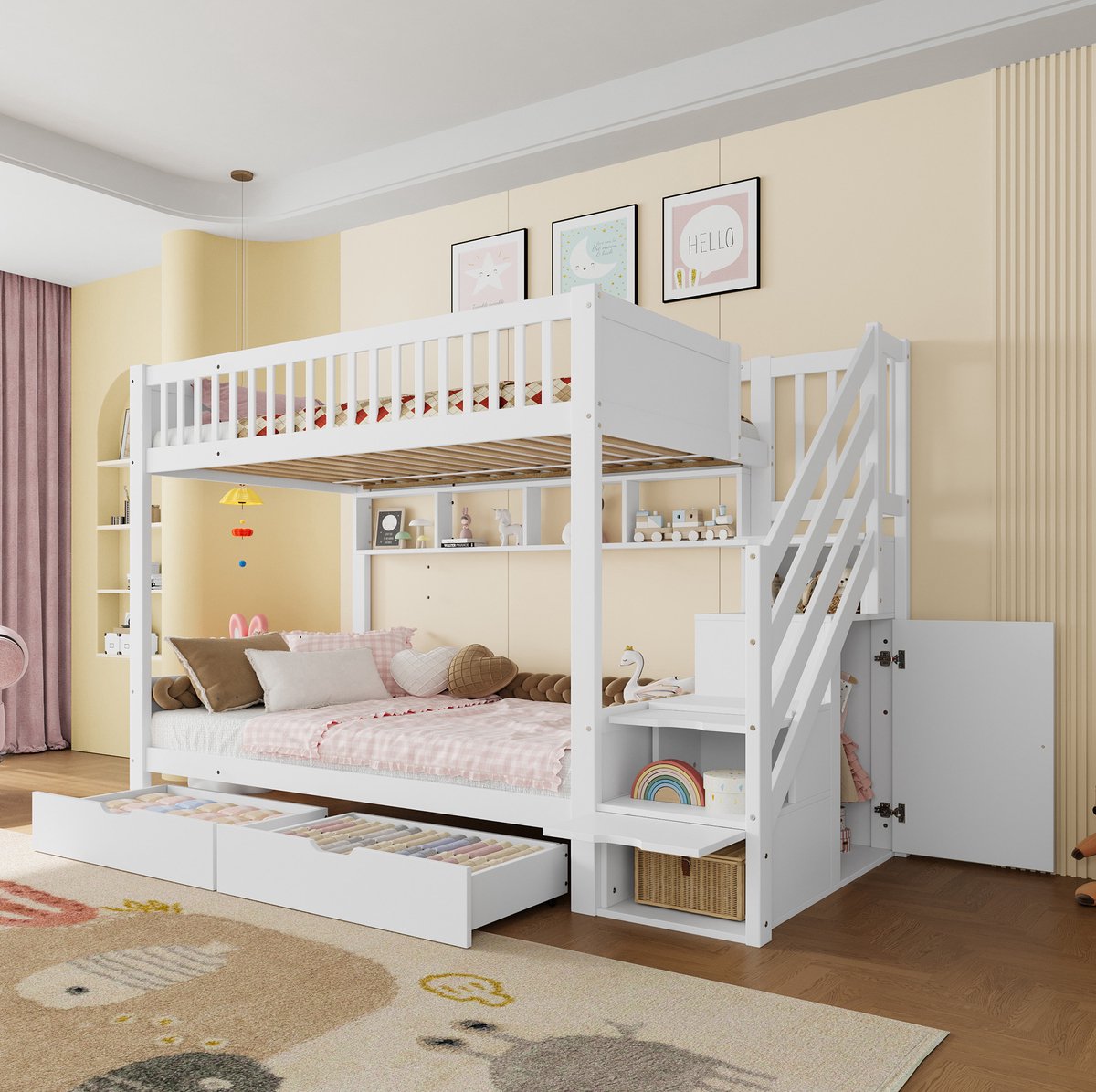 MEUNIQ Stapelbed 90x200 cm met opbergtrap, 2 lades, 4 open vakken en kledingkast, kinderbed voor de kinderkamer, zonder matras, wit
