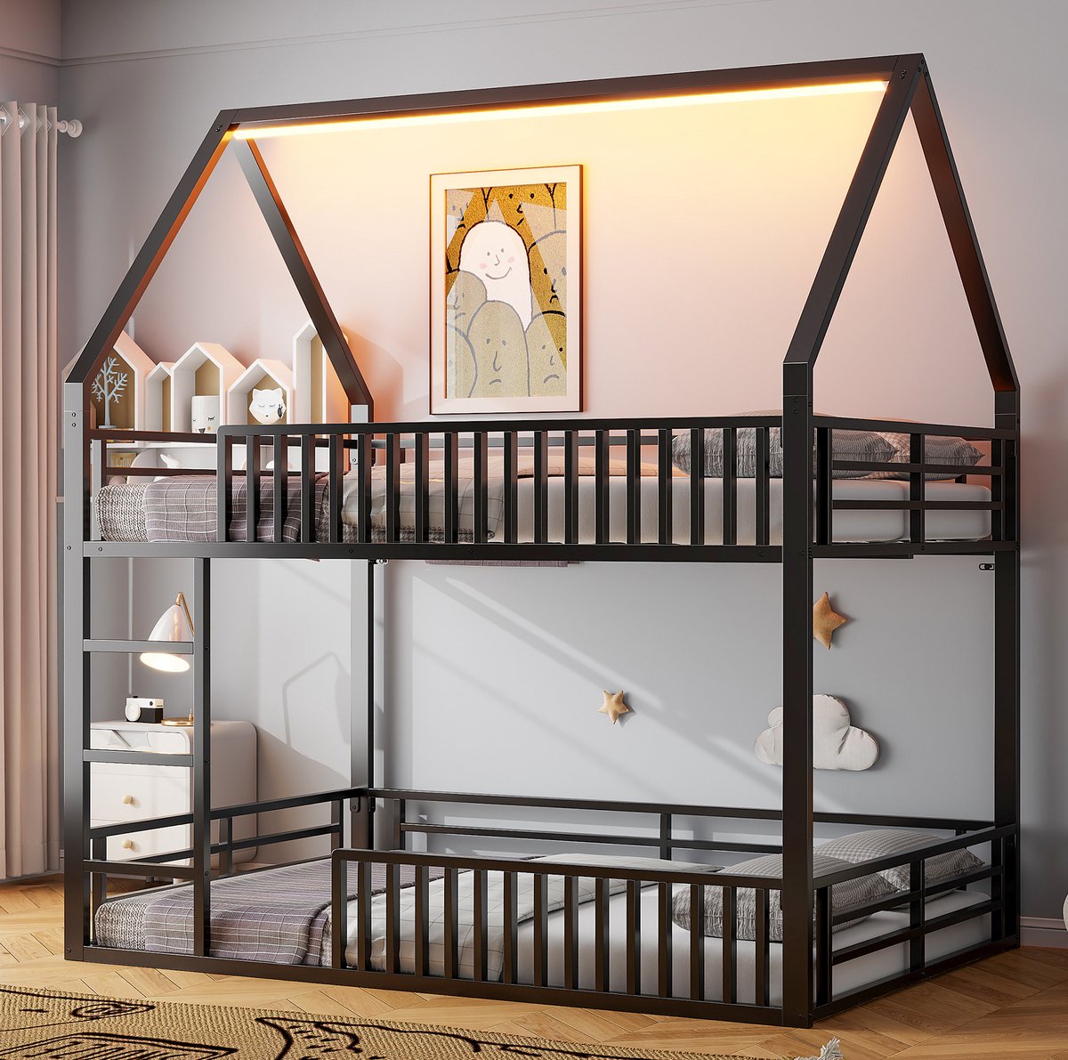 MEUNIQ stapelbed 140x200 cm met huisvormig frame, beschermhekken, ladder en 7-kleuren led-verlichting, metalen bed voor kinderkamer of slaapkamer, zwart