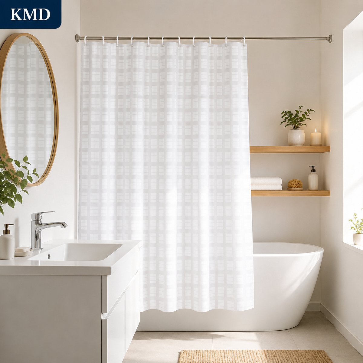 KMD Douchegordijn Kort Model 180x170 cm - Schimmelbestendig Waterafstotend - Wit met Geometrisch Patroon
