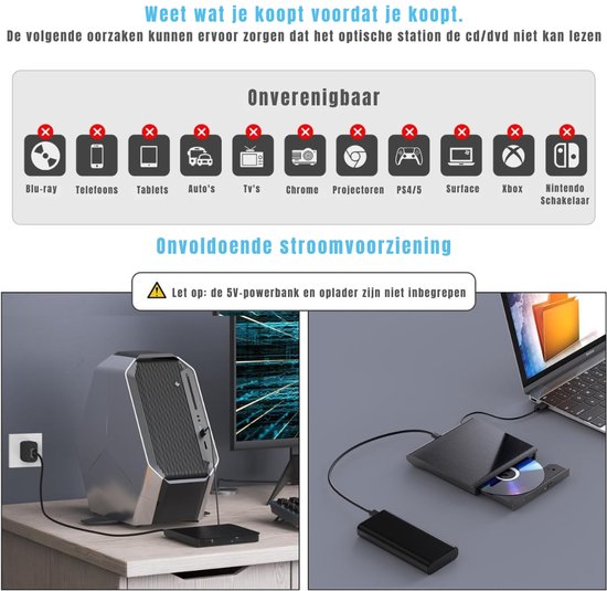 KAD® DVD Speler - USB 3.0 en Type-C - DVD Speler Laptop - DVD Brander - Zwart - 30cm x 30cm x 30cm — afbeelding 5