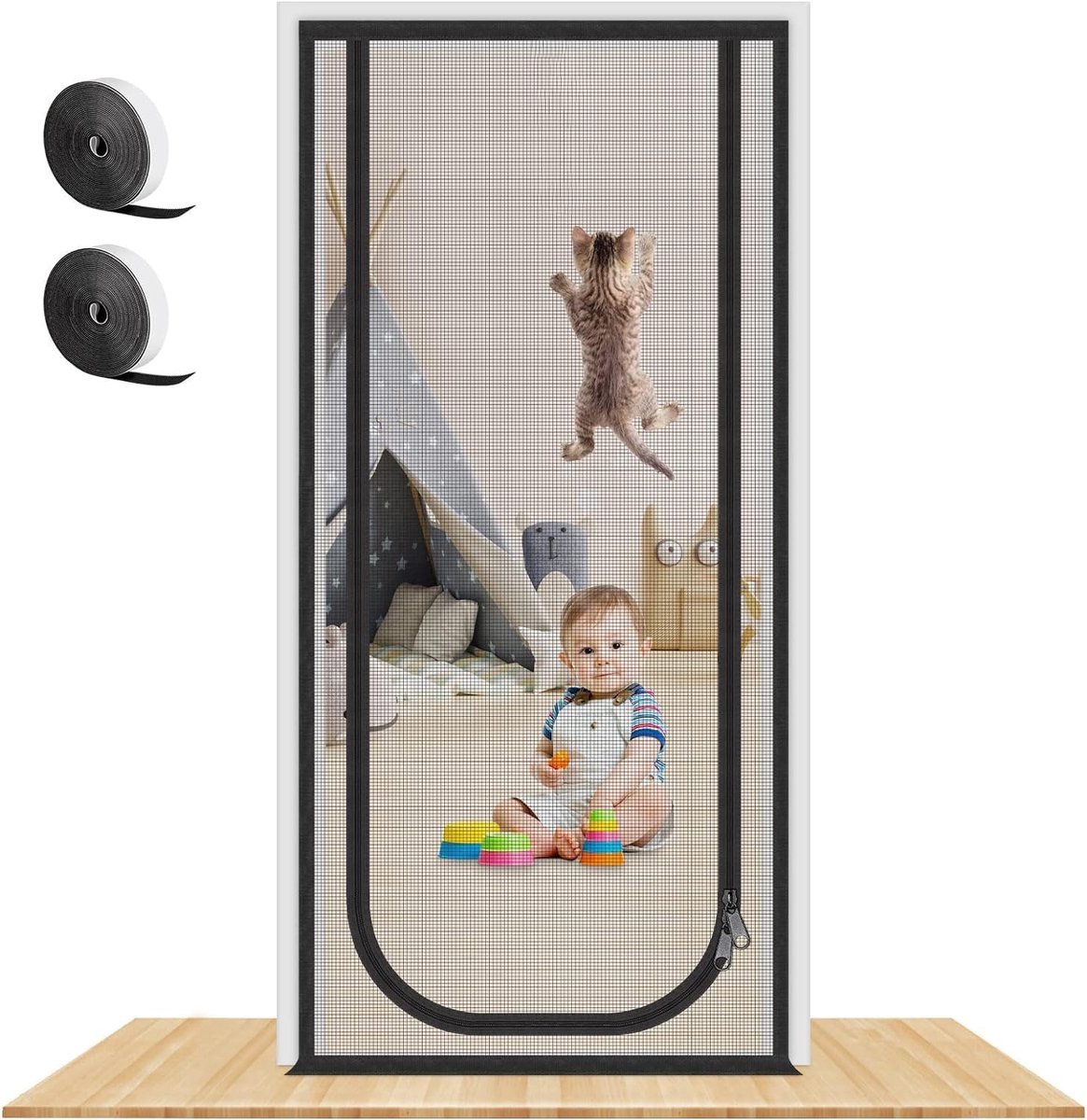 Magnetische hordeur - Vliegenhor met rits - Huisdieren buiten houden - Versterkt kattenbestendig gaas - 90x200cm - Zwart
